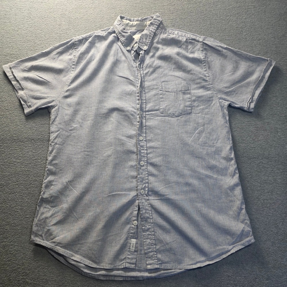 Onia Button Down Shirt Mens L Blue White Striped Stretch Short Sleeve Resort Fit